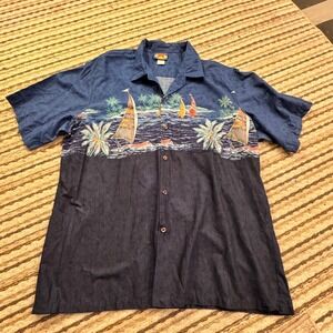 Hawaii Blues Mens XL Blue Denim Sailboat Print Aloha Hawaiian Shirt Made in USA